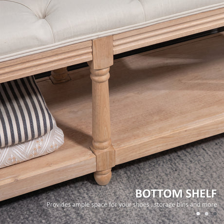 Linen Fabric Hallway Seating Bench 115cm Wide With Wooden Frame And Storage Shelf - Velmora