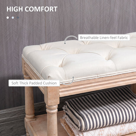 Linen Fabric Hallway Seating Bench 115cm Wide With Wooden Frame And Storage Shelf - Velmora