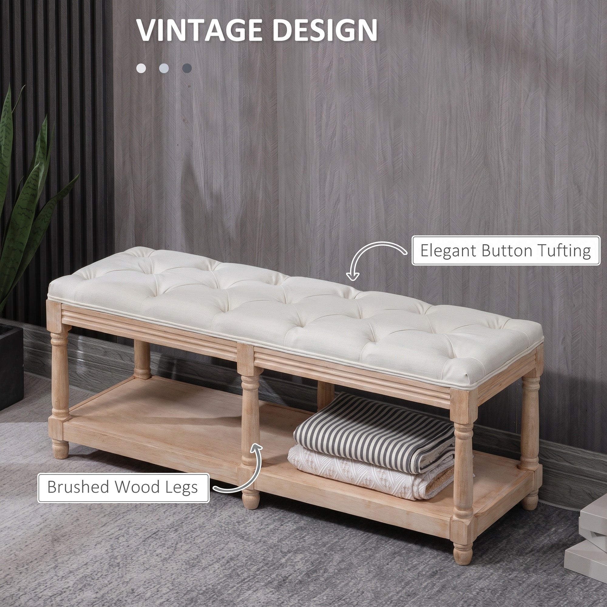 Linen Fabric Hallway Seating Bench 115cm Wide With Wooden Frame And Storage Shelf - Velmora
