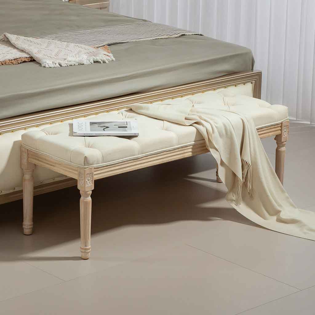 Linen Fabric Hallway Seating Bench 115cm Wide With Wooden Frame - Velmora