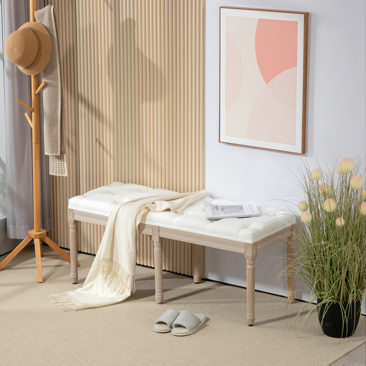 Linen Fabric Hallway Seating Bench 117cm Wide With Wooden Frame - Velmora