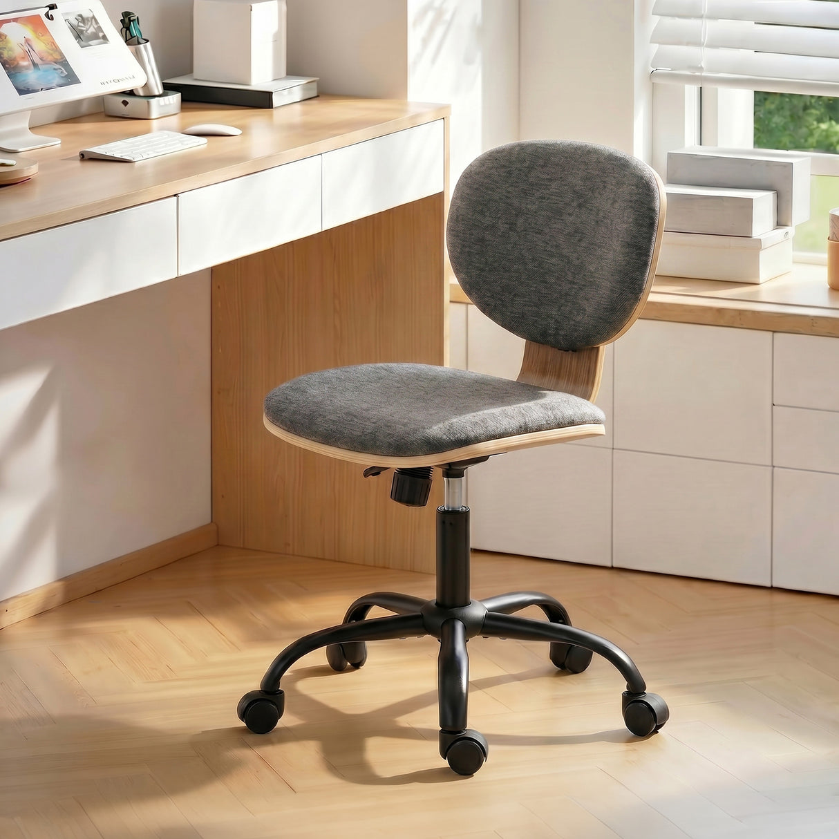 Linen Fabric Home And Office Chair 43cm Wide With PU Wheels - Velmora