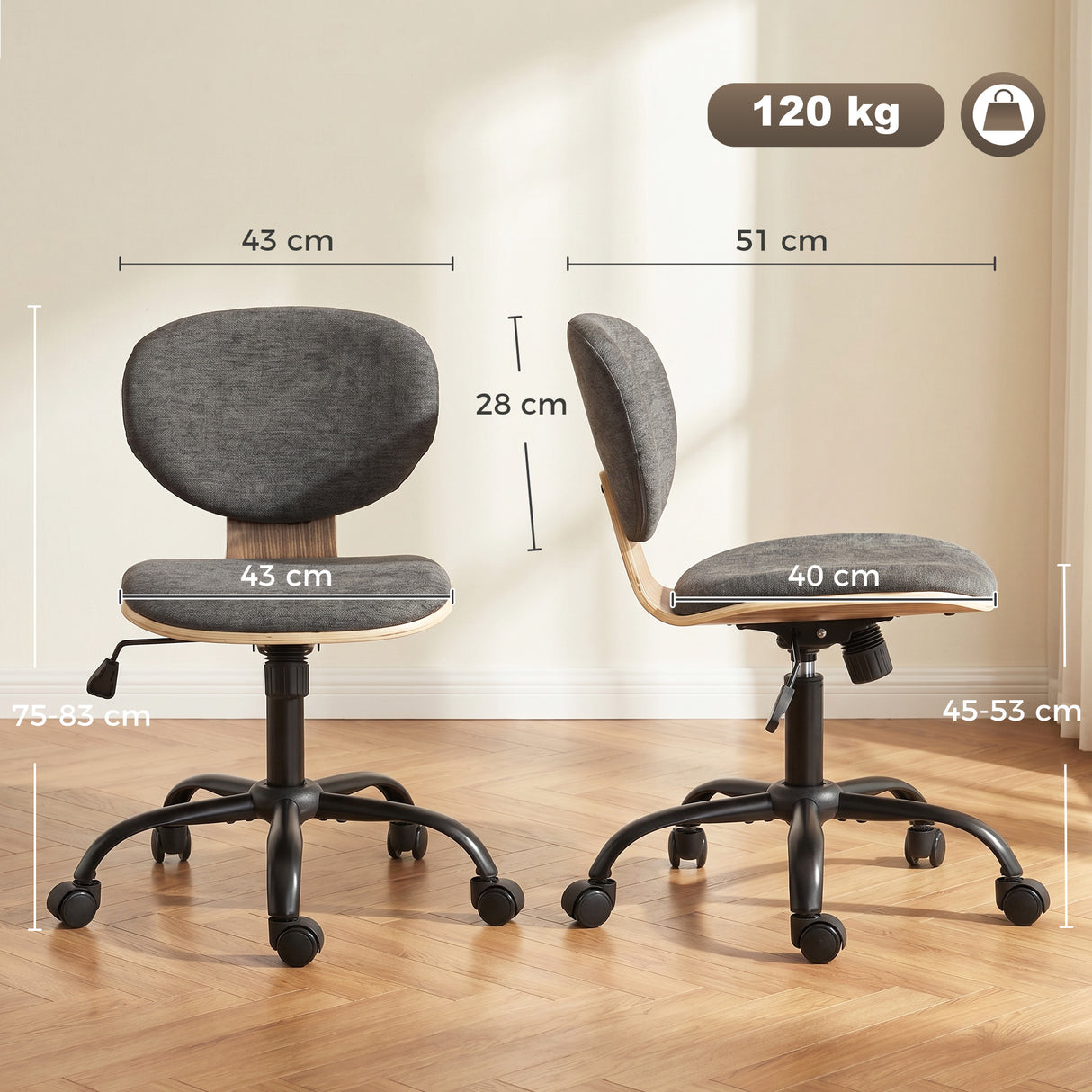 Linen Fabric Home And Office Chair 43cm Wide With PU Wheels - Velmora