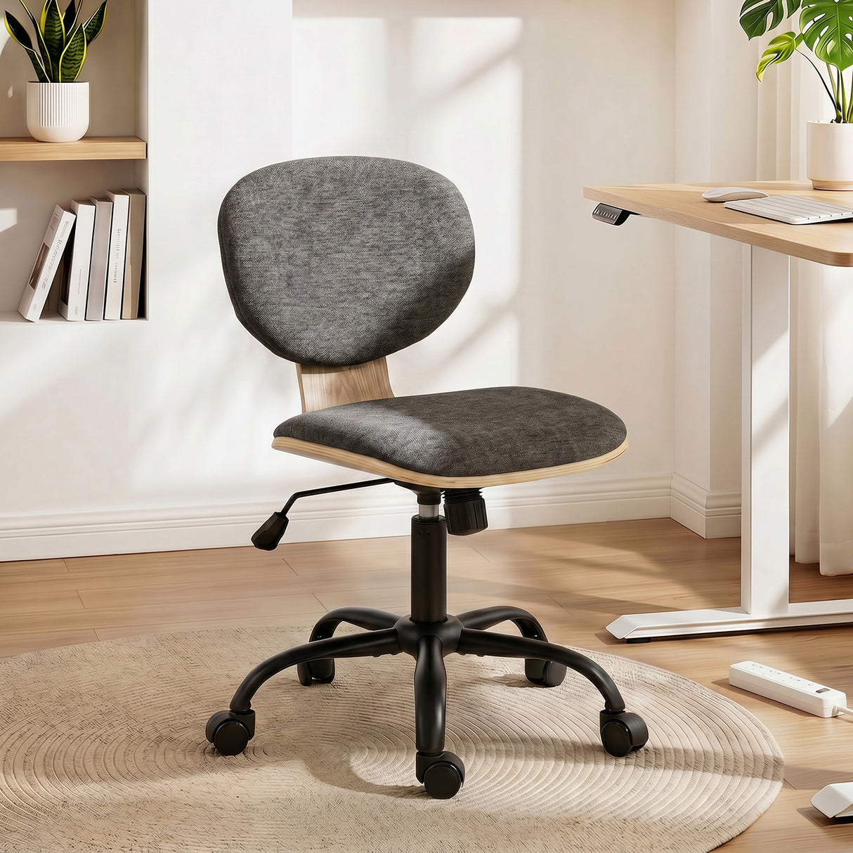 Linen Fabric Home And Office Chair 43cm Wide With PU Wheels - Velmora
