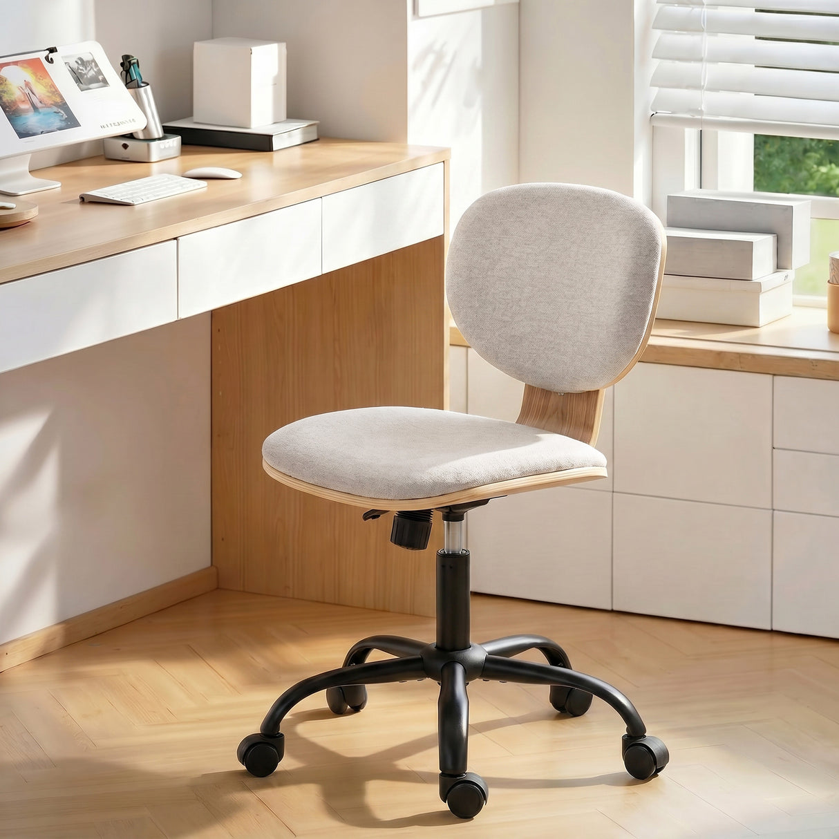 Linen Fabric Home And Office Chair 43cm Wide With PU Wheels - Velmora
