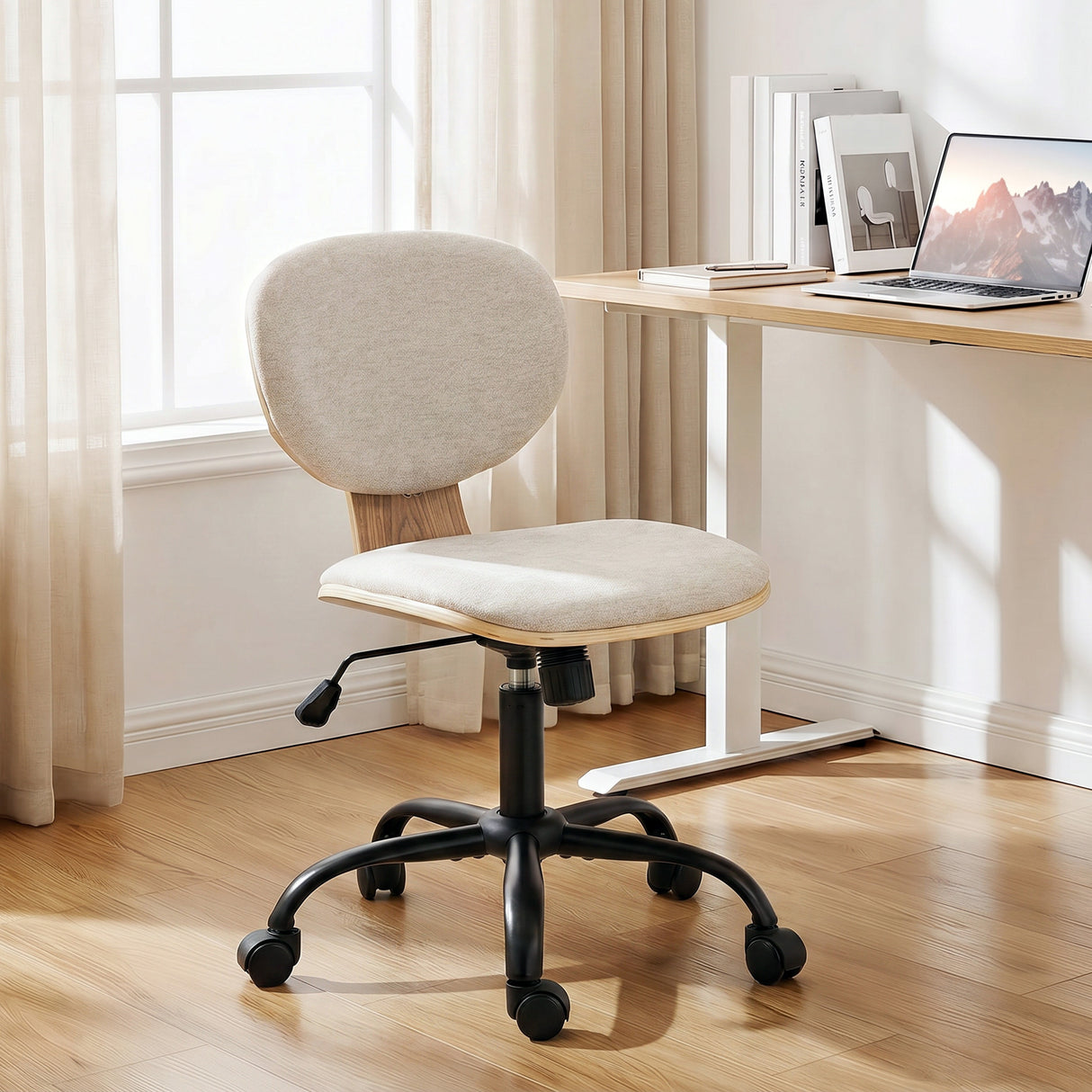 Linen Fabric Home And Office Chair 43cm Wide With PU Wheels - Velmora