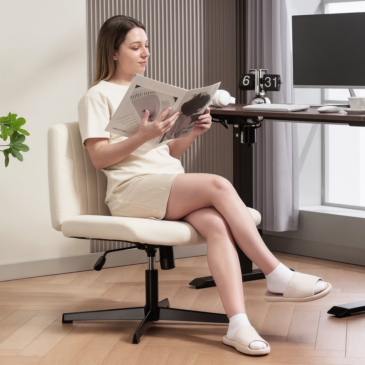 Linen Fabric Home And Office Chair 61cm Wide Armless With Criss Cross Legs - Velmora