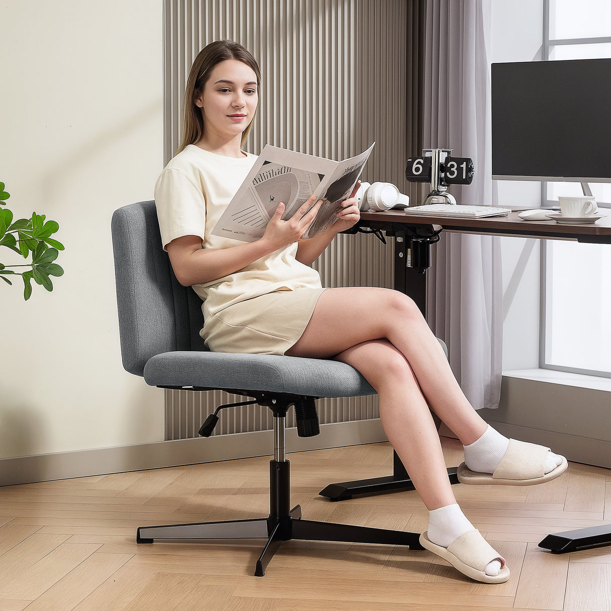 Linen Fabric Home And Office Chair 61cm Wide Armless With Criss Cross Legs - Velmora