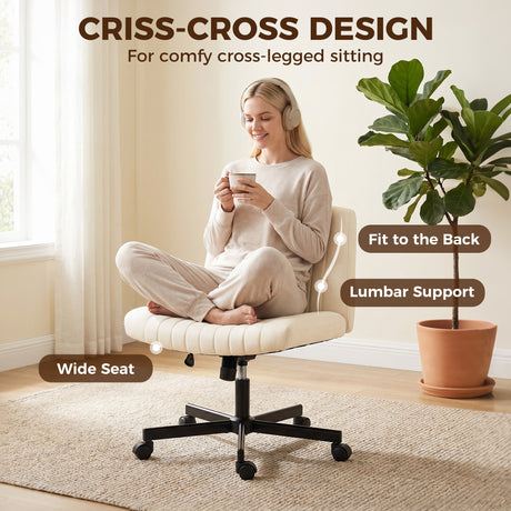 Linen Fabric Home And Office Chair 61cm Wide Armless With Wheels - Velmora