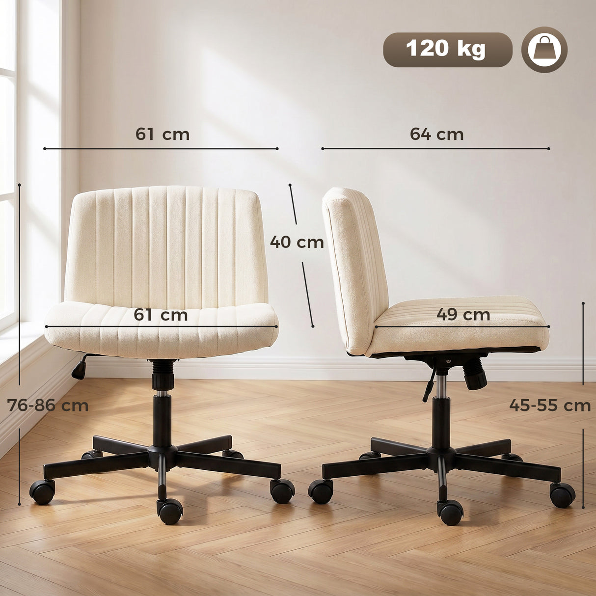 Linen Fabric Home And Office Chair 61cm Wide Armless With Wheels - Velmora