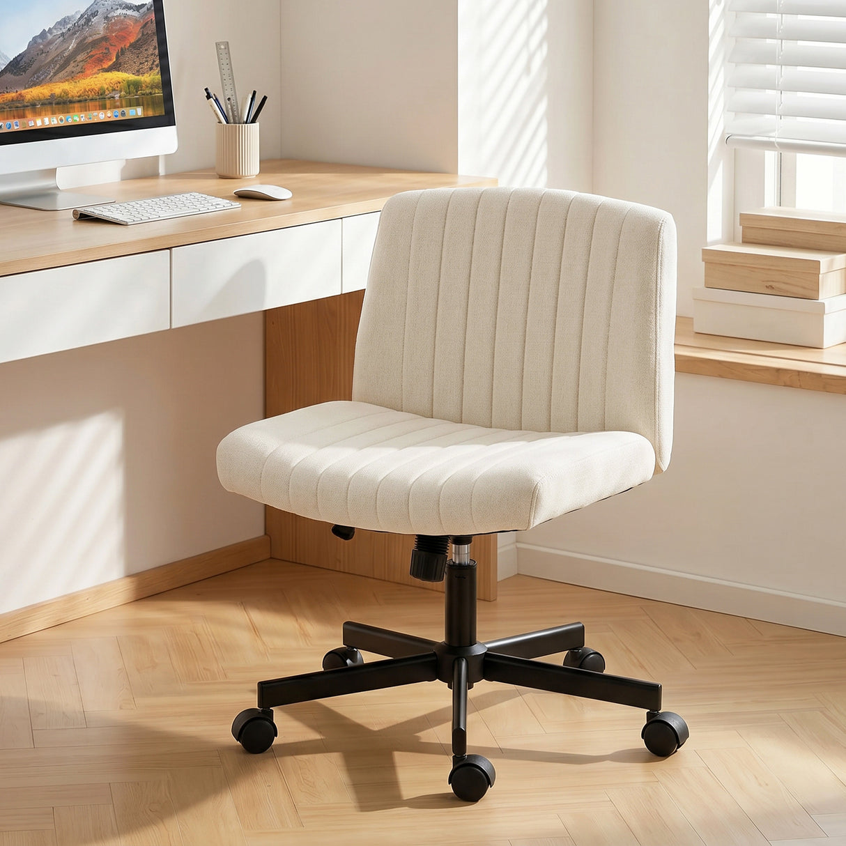 Linen Fabric Home And Office Chair 61cm Wide Armless With Wheels - Velmora