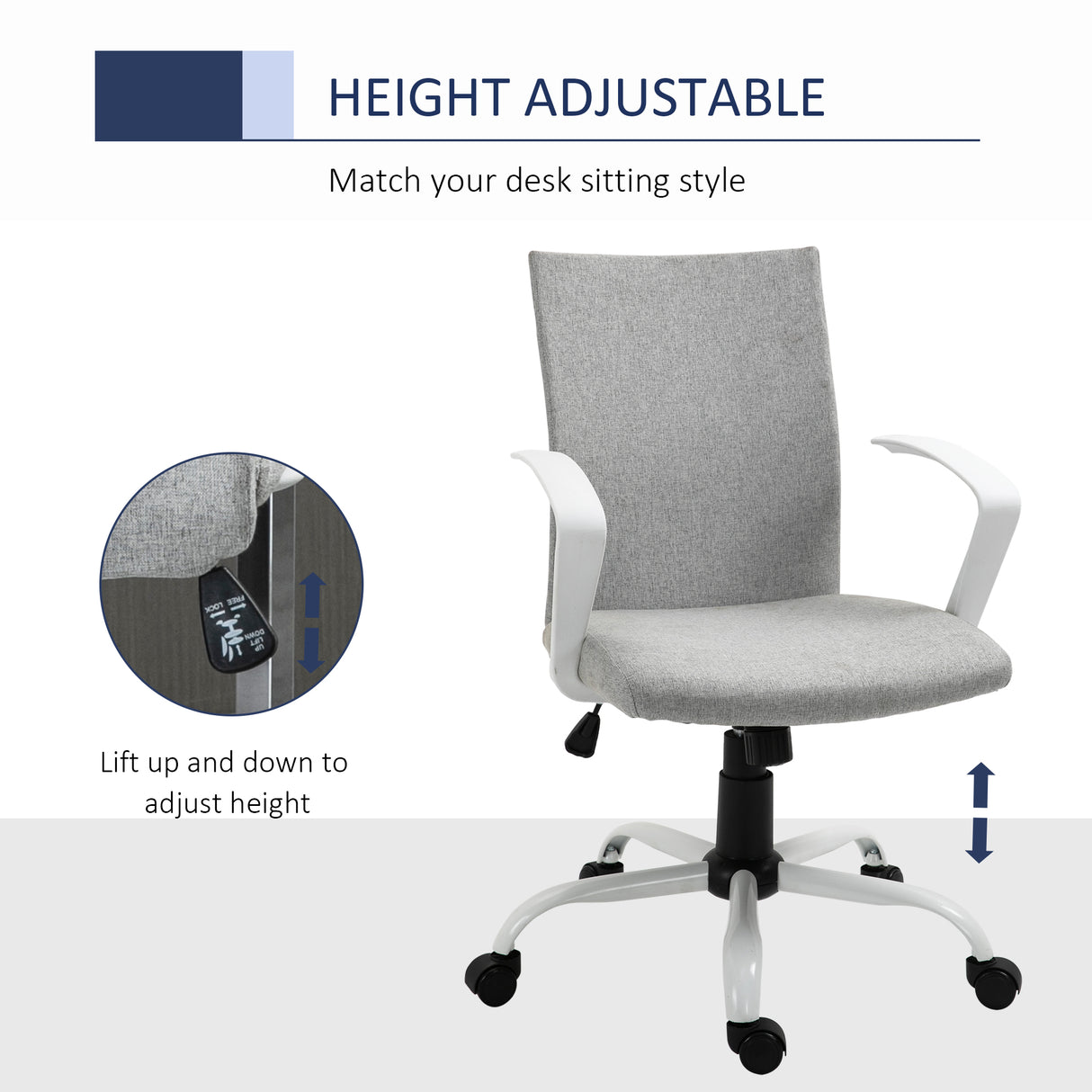 Linen Fabric Home And Office Chair 61cm Wide With Wheels - Velmora