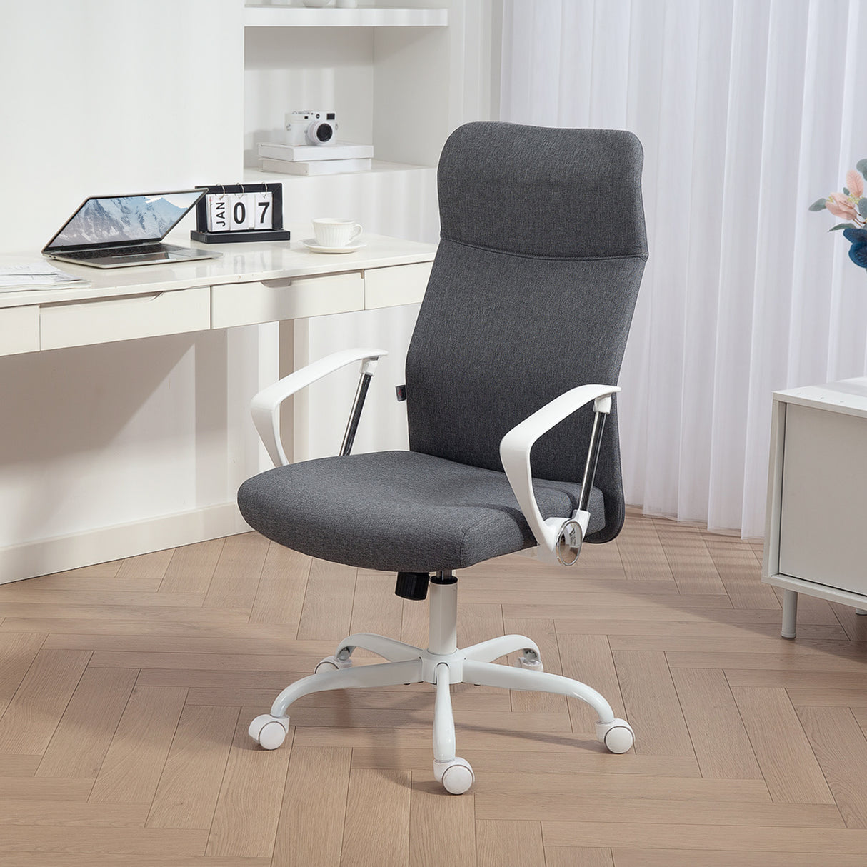 Linen Fabric Home And Office Chair 63cm Wide High Back - Velmora