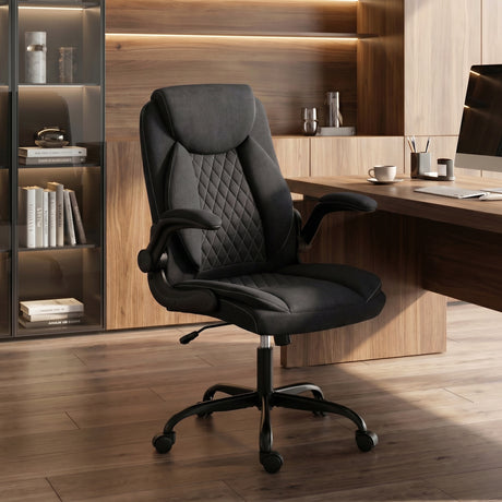 Linen Fabric Home And Office Chair 65cm Wide With Flip Up Armrest - Velmora