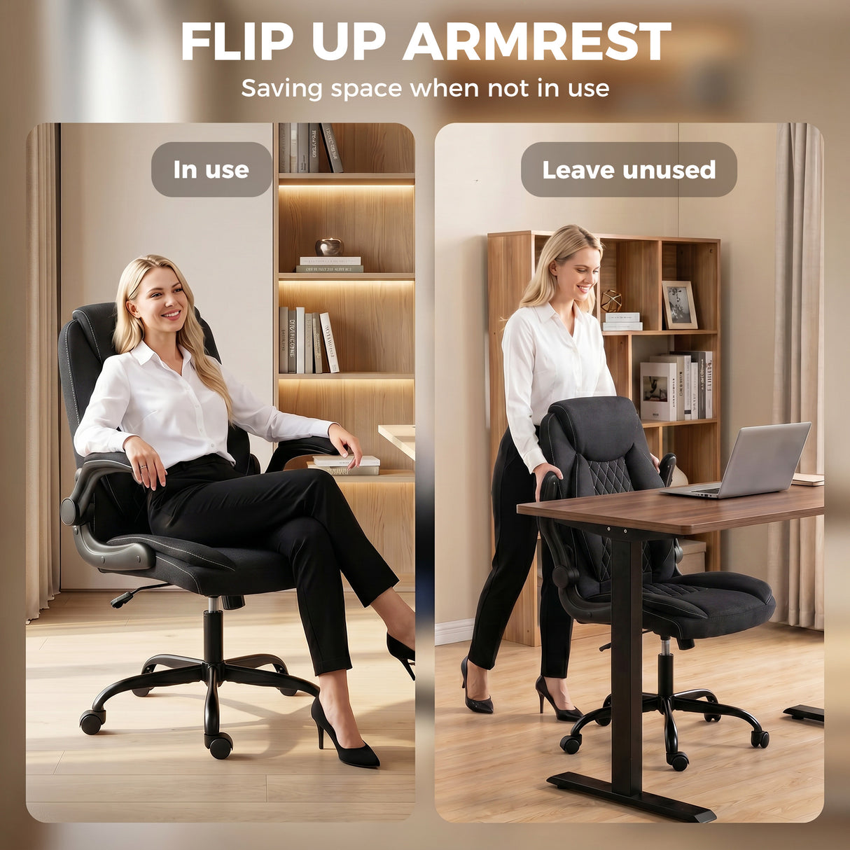 Linen Fabric Home And Office Chair 65cm Wide With Flip Up Armrest - Velmora
