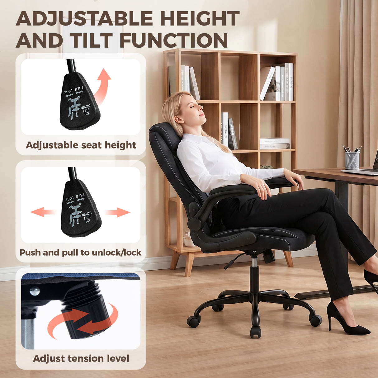 Linen Fabric Home And Office Chair 65cm Wide With Flip Up Armrest - Velmora