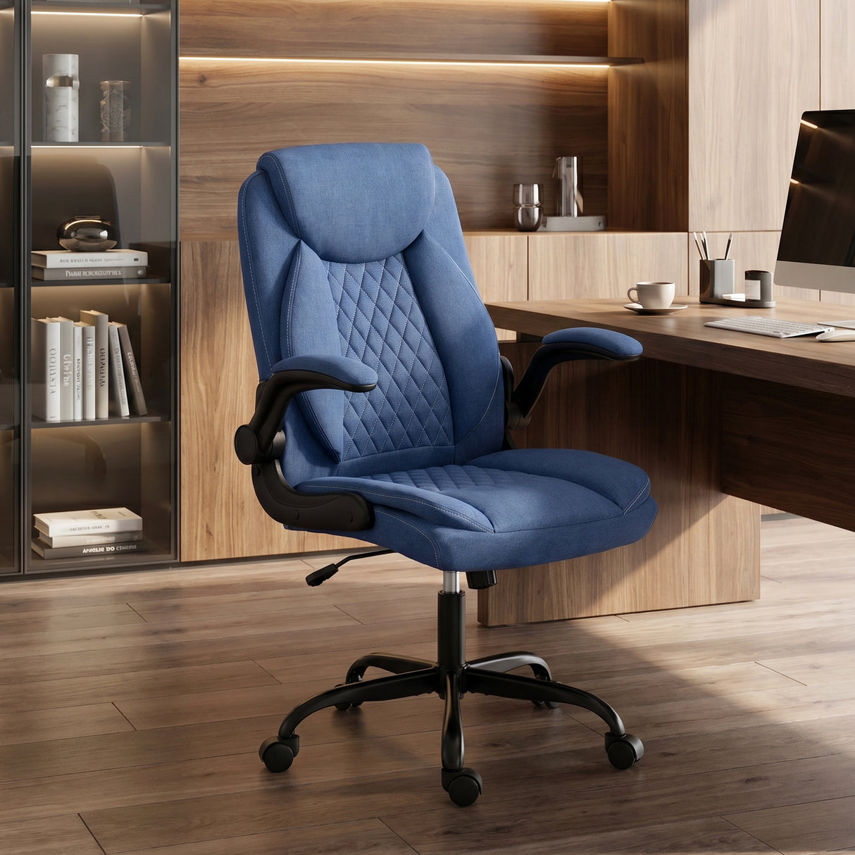 Linen Fabric Home And Office Chair 65cm Wide With Flip Up Armrest - Velmora