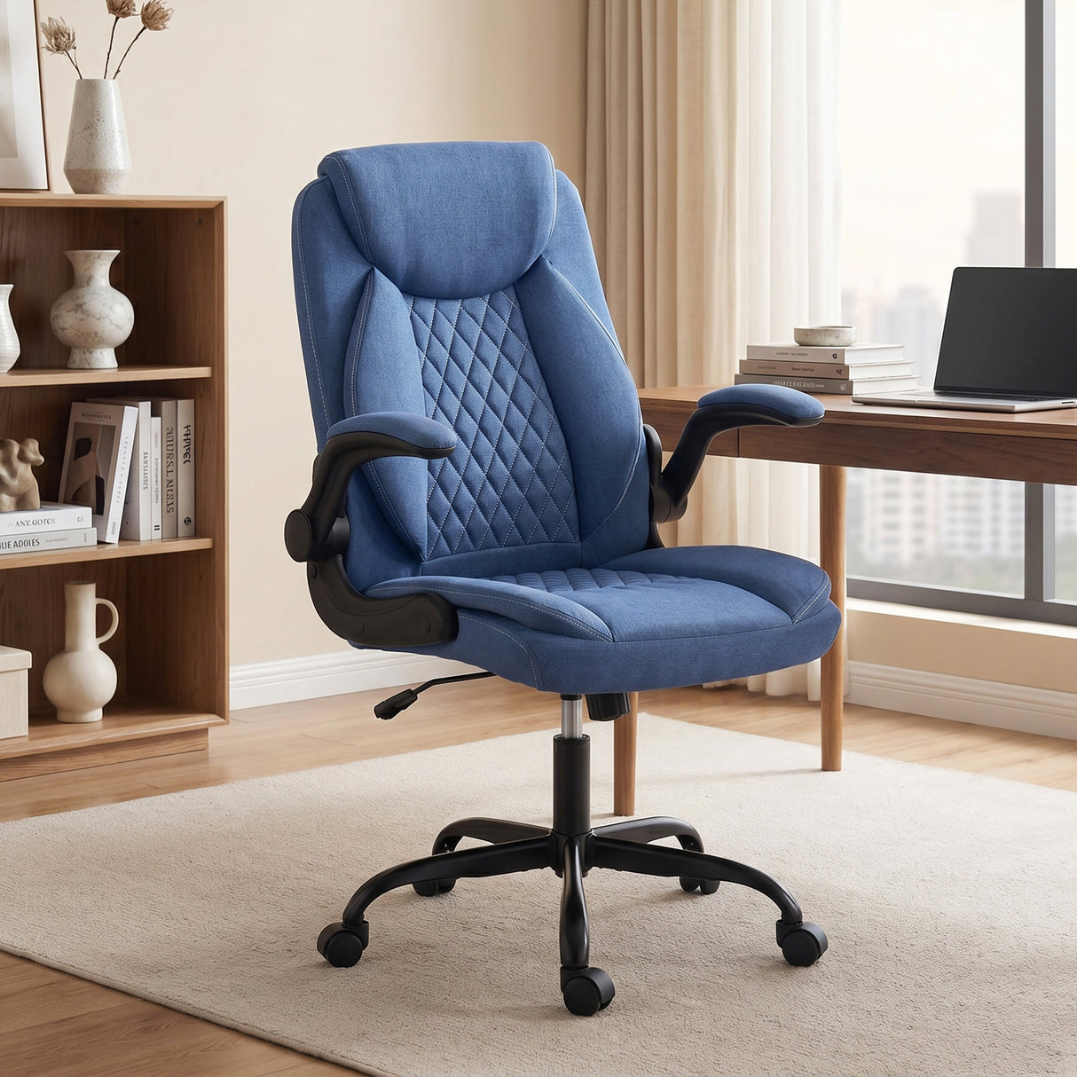 Linen Fabric Home And Office Chair 65cm Wide With Flip Up Armrest - Velmora