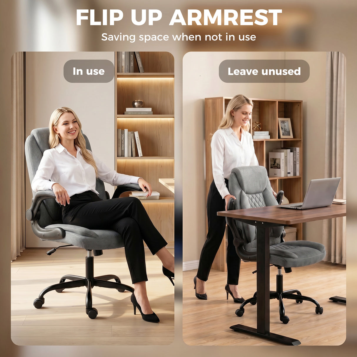 Linen Fabric Home And Office Chair 65cm Wide With Flip Up Armrest - Velmora
