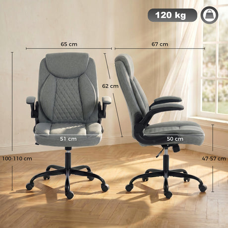 Linen Fabric Home And Office Chair 65cm Wide With Flip Up Armrest - Velmora