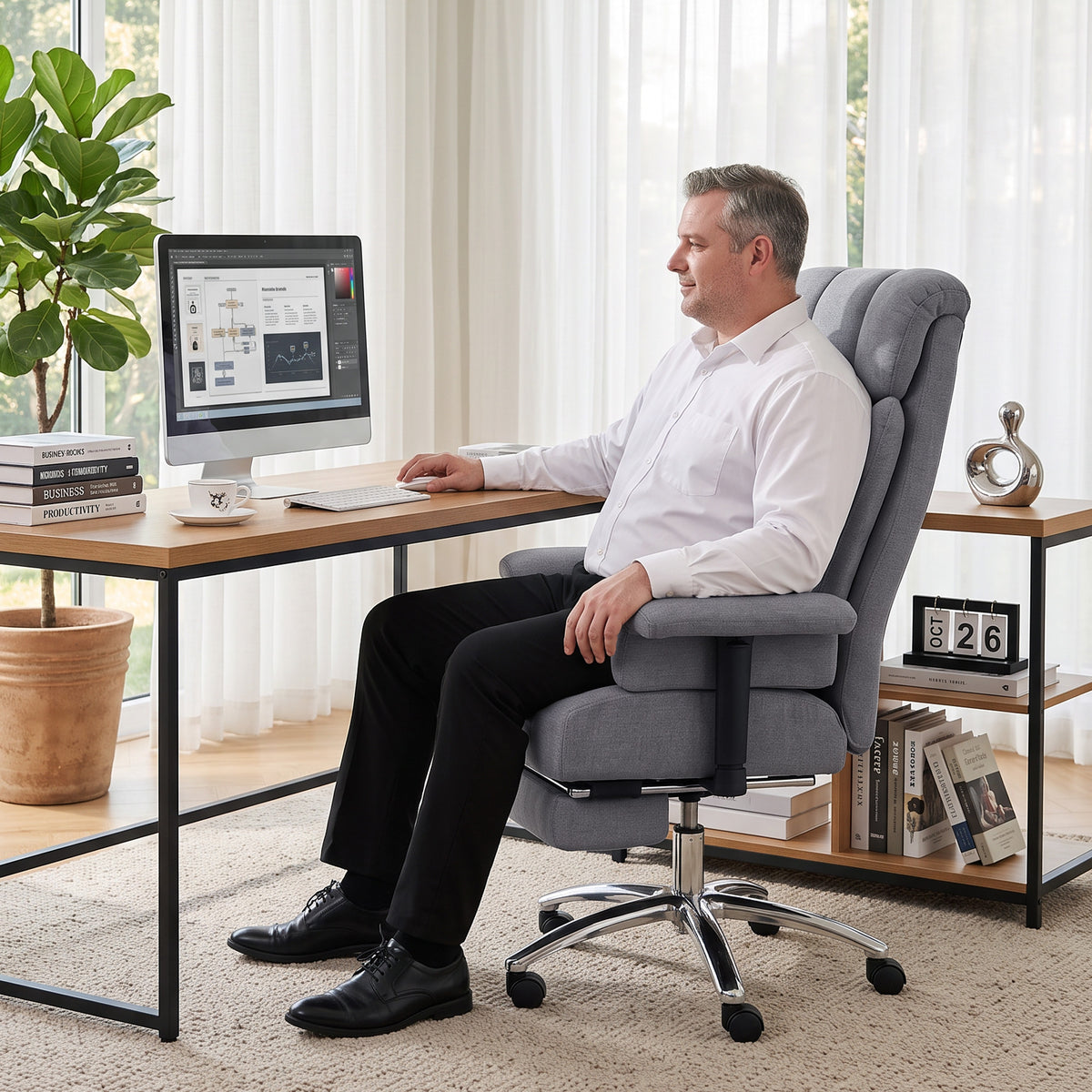 Linen Fabric Home And Office Chair 75cm Wide With Footrest - Velmora