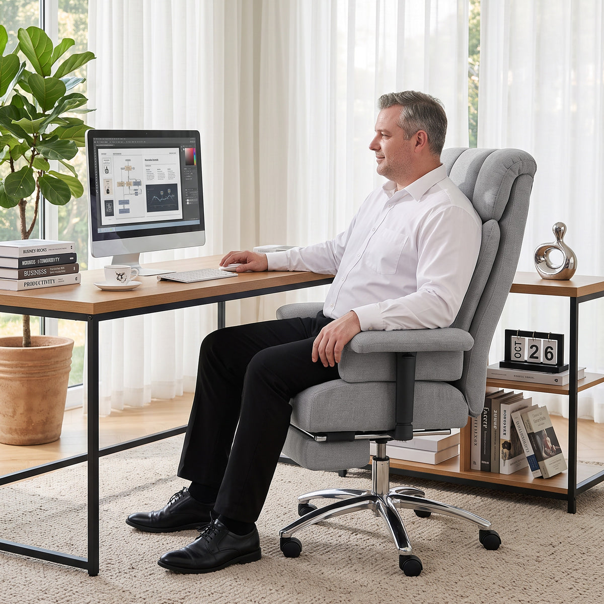 Linen Fabric Home And Office Chair 75cm Wide With Footrest - Velmora