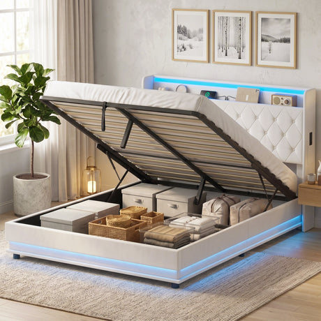 Linen Fabric King Size Bed 157cm Wide With LED Lights - Velmora