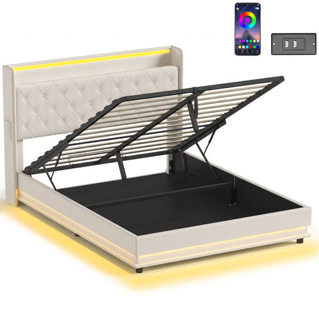 Linen Fabric King Size Bed 157cm Wide With LED Lights - Velmora