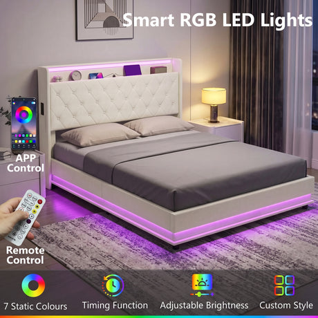 Linen Fabric King Size Bed 157cm Wide With LED Lights - Velmora