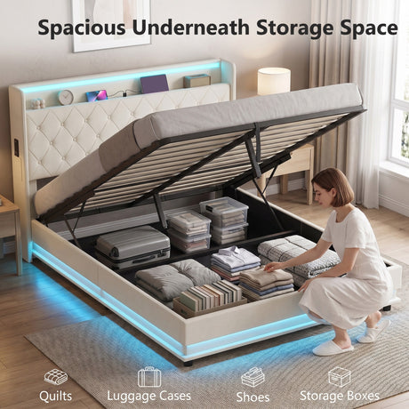 Linen Fabric King Size Bed 157cm Wide With LED Lights - Velmora