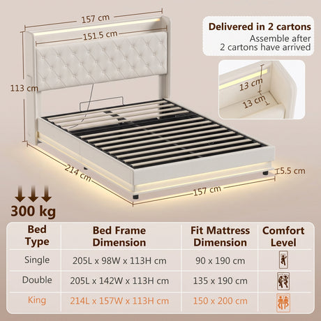 Linen Fabric King Size Bed 157cm Wide With LED Lights - Velmora