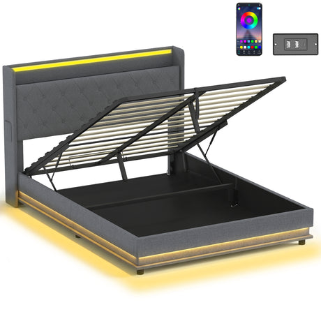 Linen Fabric King Size Ottoman Storage Bed 157cm Wide With LED Lights - Velmora