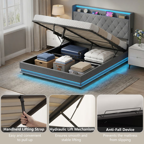 Linen Fabric King Size Ottoman Storage Bed 157cm Wide With LED Lights - Velmora