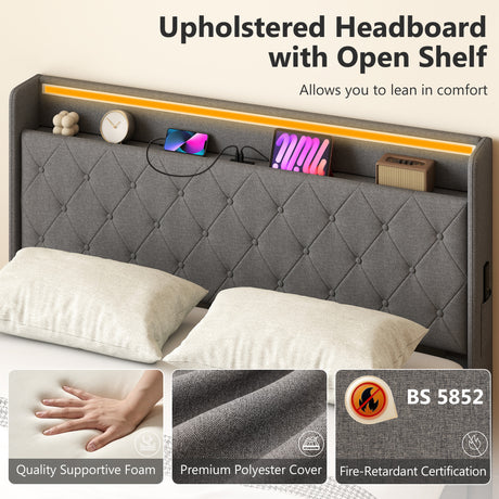 Linen Fabric King Size Ottoman Storage Bed 157cm Wide With LED Lights - Velmora