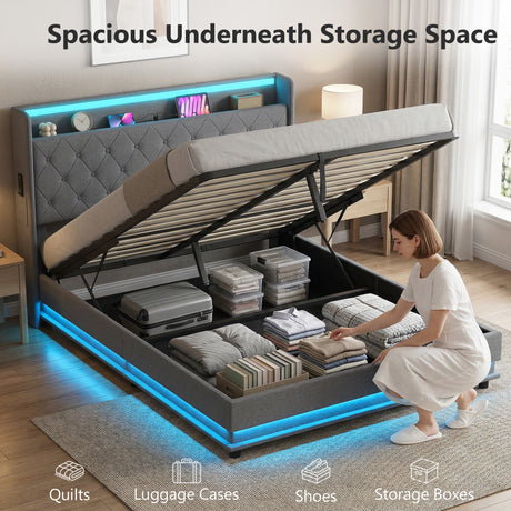 Linen Fabric King Size Ottoman Storage Bed 157cm Wide With LED Lights - Velmora