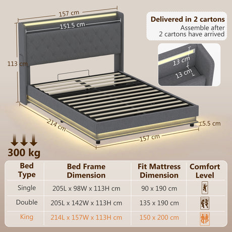 Linen Fabric King Size Ottoman Storage Bed 157cm Wide With LED Lights - Velmora