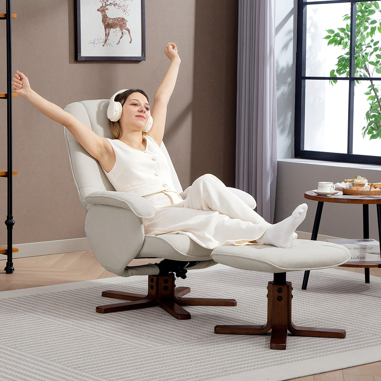 Linen Fabric Recliner Chair 73cm Wide With Footstool And Wooden Base - Velmora