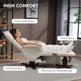 Linen Fabric Recliner Chair 73cm Wide With Footstool And Wooden Base - Velmora