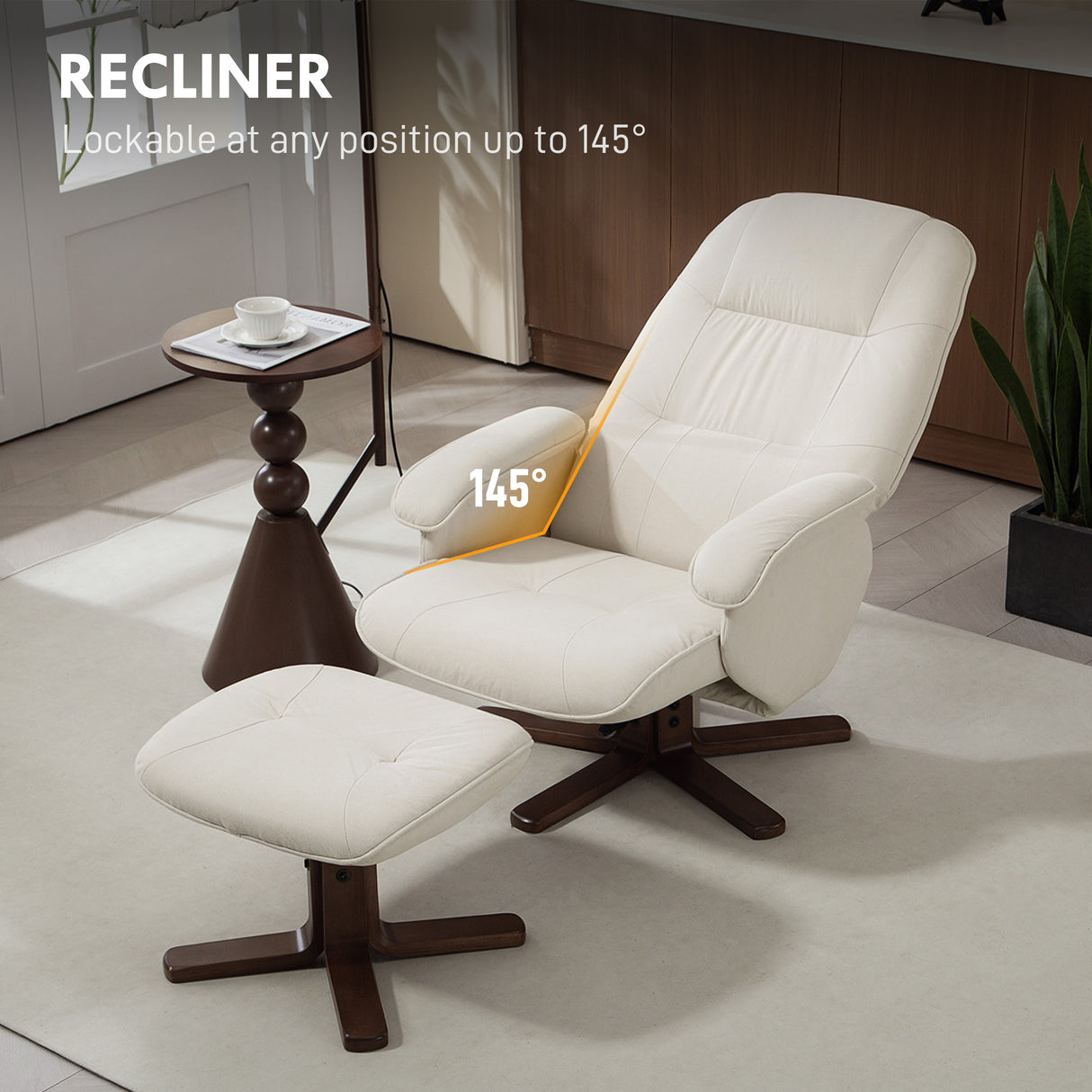 Linen Fabric Recliner Chair 73cm Wide With Footstool And Wooden Base - Velmora