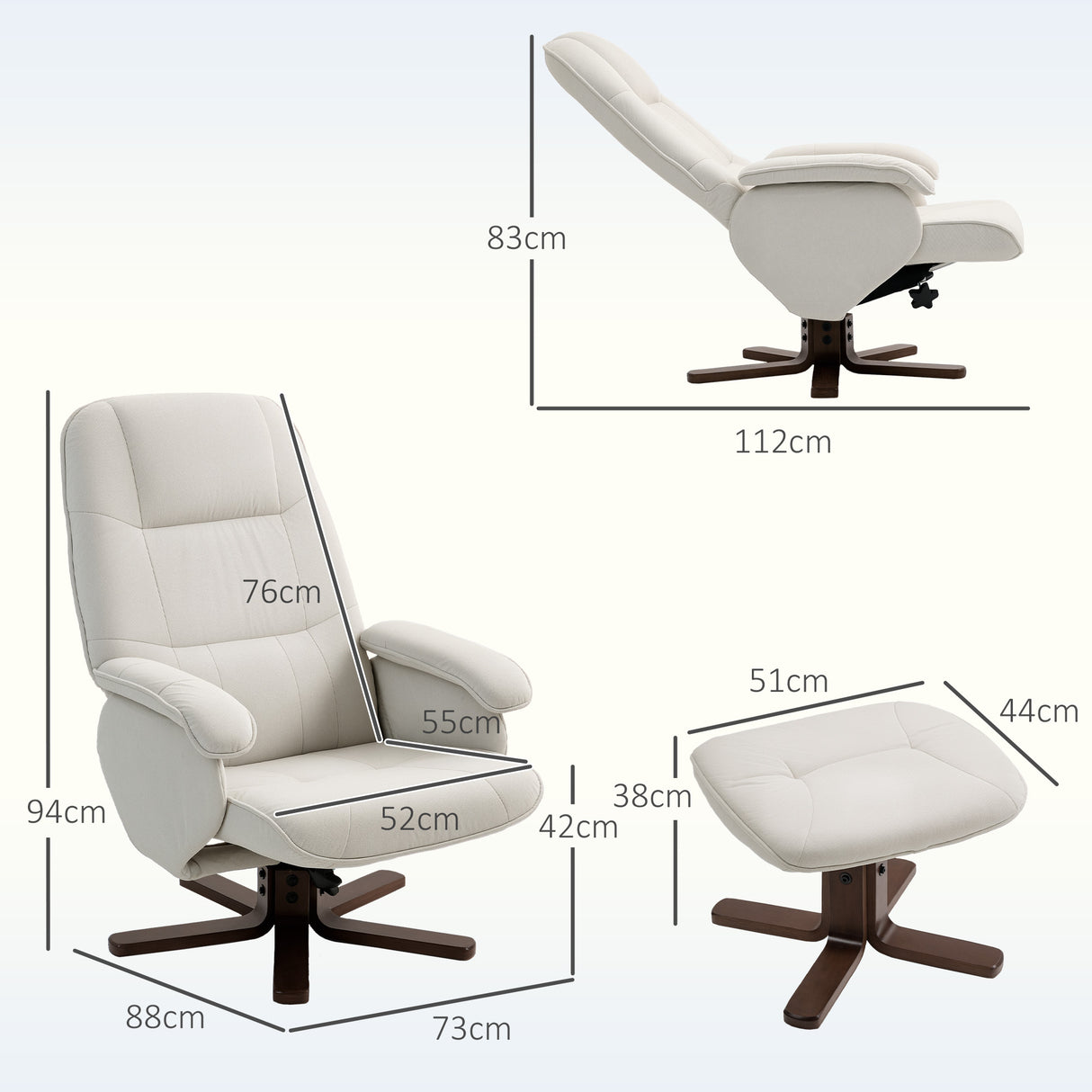 Linen Fabric Recliner Chair 73cm Wide With Footstool And Wooden Base - Velmora