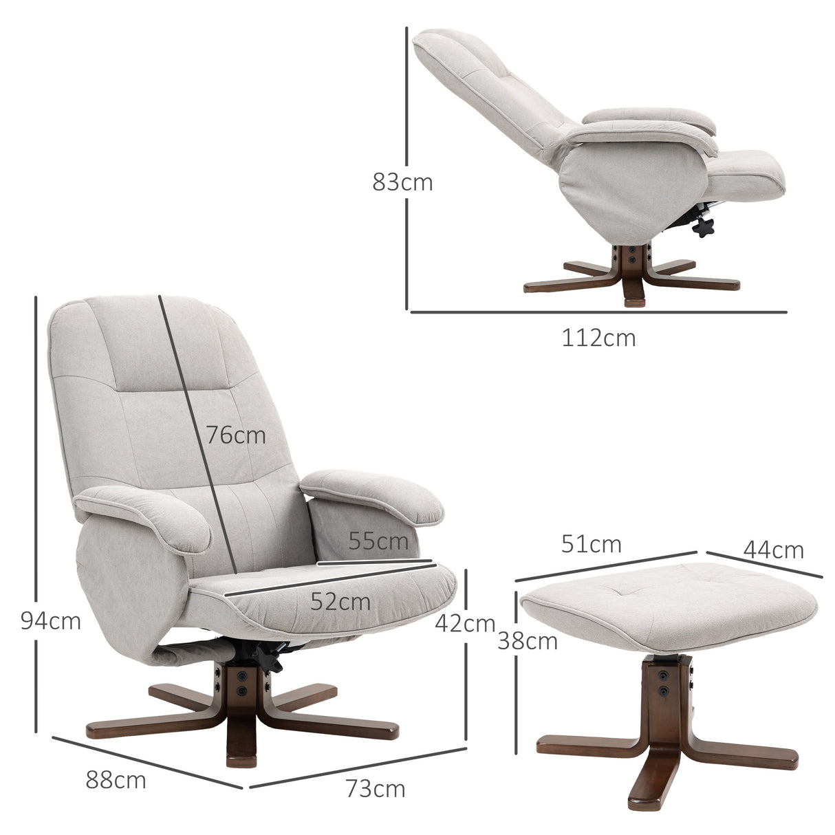 Linen Fabric Recliner Chair 73cm Wide With Footstool And Wooden Base - Velmora