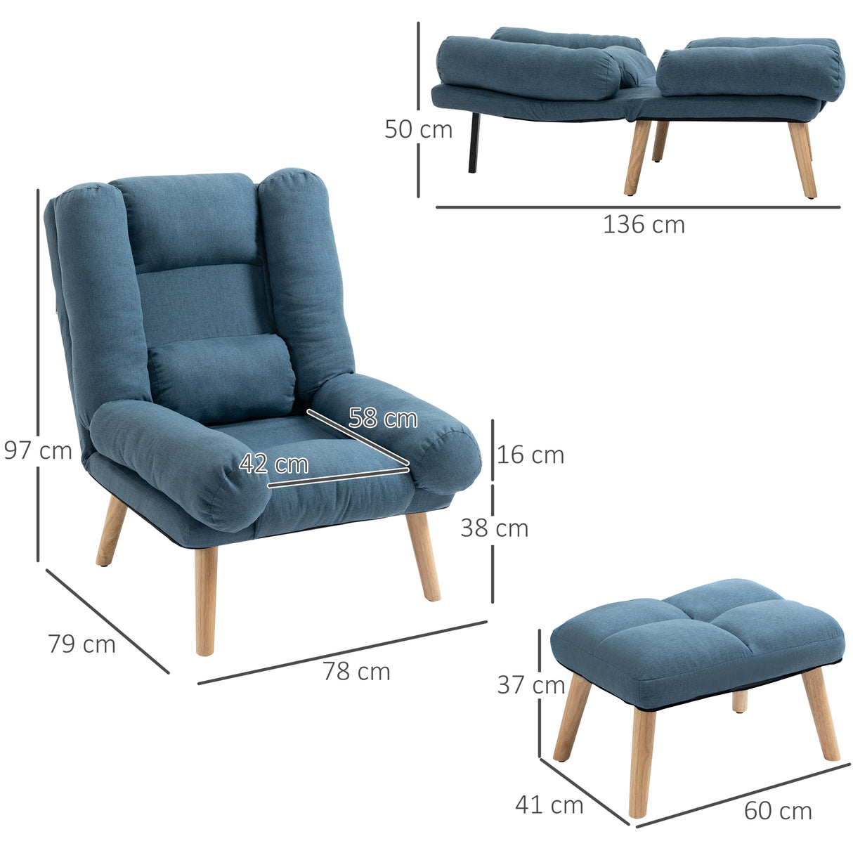 Linen Fabric Recliner Chair 78cm Wide With Footstool And Adjustable Backrest - Velmora