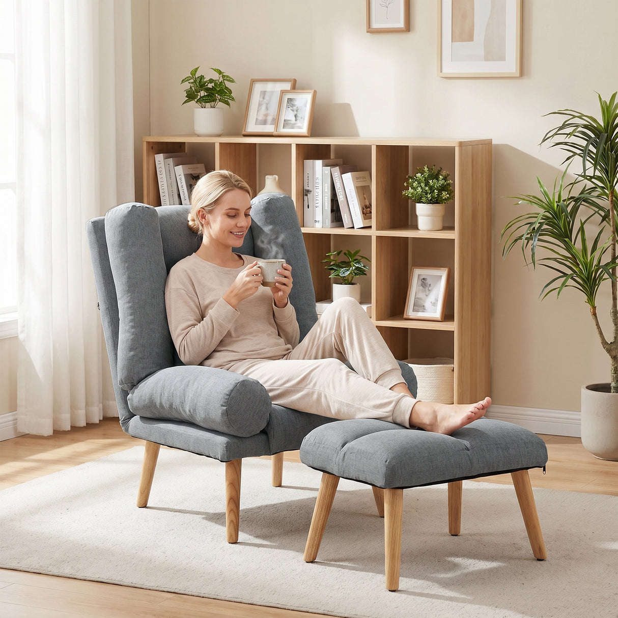 Linen Fabric Recliner Chair 78cm Wide With Footstool And Adjustable Backrest - Velmora