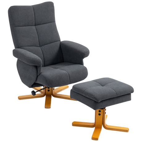 Linen Fabric Recliner Chair 80cm Wide With Footstool And Wooden Base - Velmora