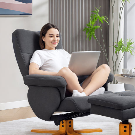 Linen Fabric Recliner Chair 80cm Wide With Footstool And Wooden Base - Velmora