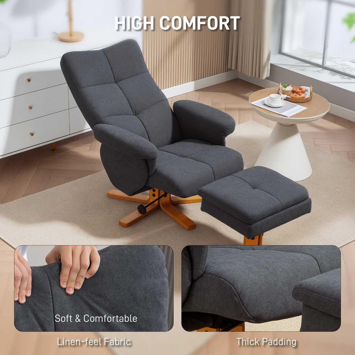 Linen Fabric Recliner Chair 80cm Wide With Footstool And Wooden Base - Velmora