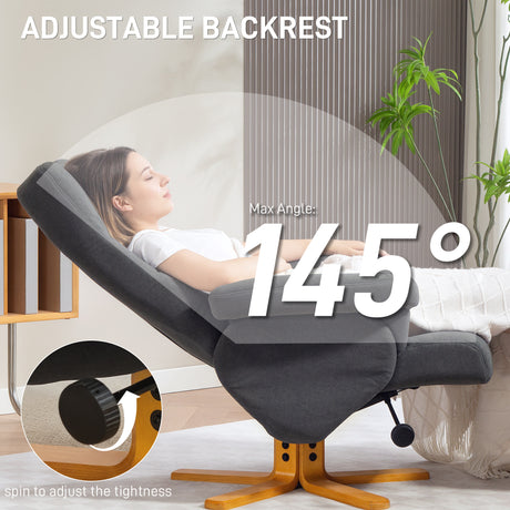 Linen Fabric Recliner Chair 80cm Wide With Footstool And Wooden Base - Velmora