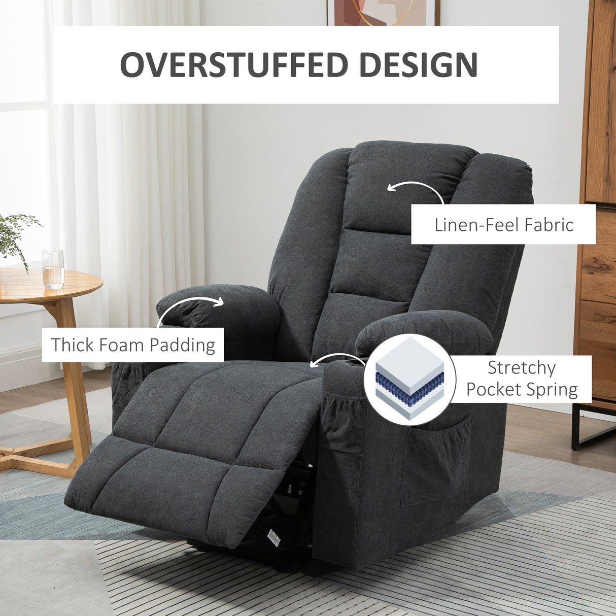 Linen Fabric Recliner Chair 85cm Wide With Footrest And Cup Holder - Velmora