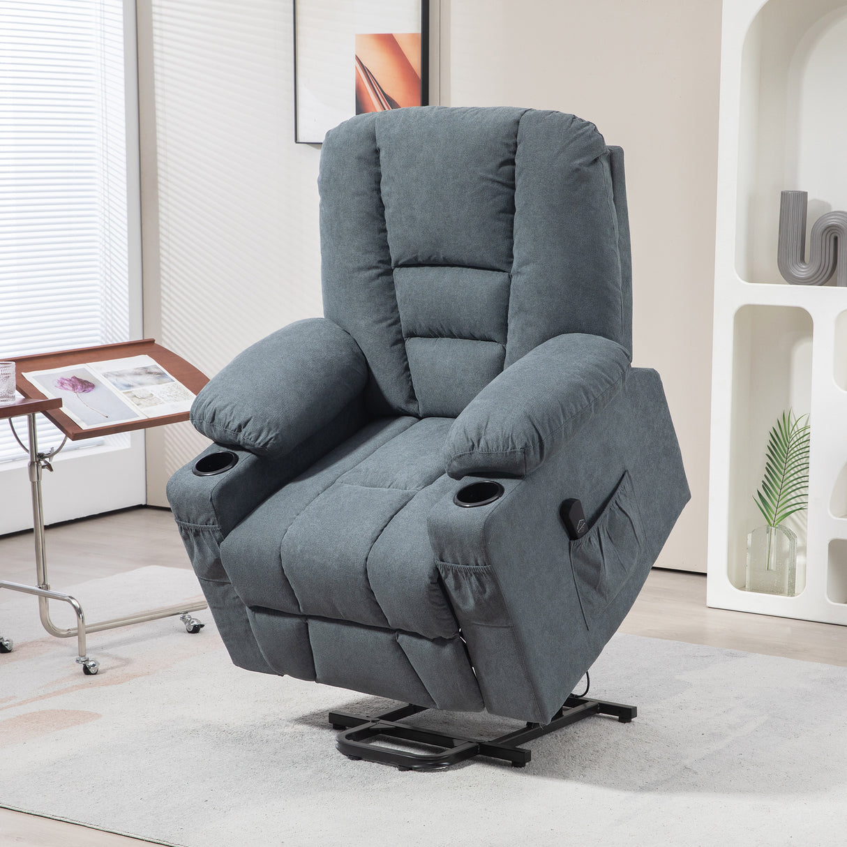 Linen Fabric Recliner Chair 85cm Wide With Footrest And Cup Holder - Velmora