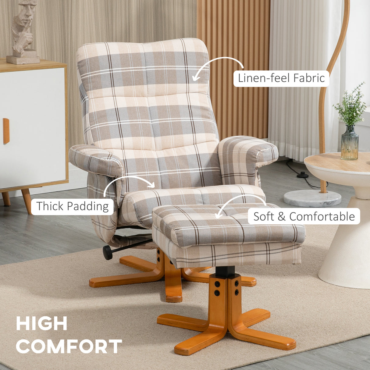 Linen Fabric Recliner Chair 90cm High x 80cm Wide With Footstool And Wooden Base - Velmora